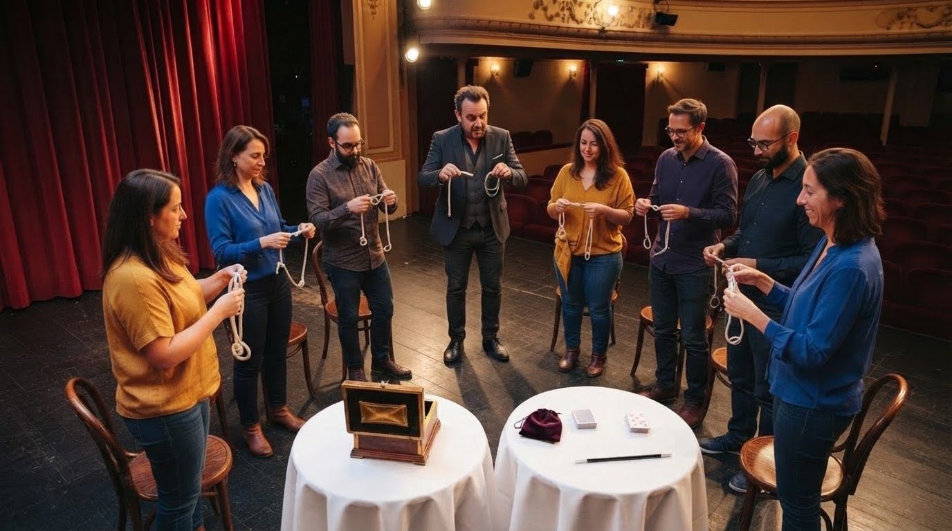 Art Màgica Acadèmia Mag mostrant un ventall de cartes davant d'un públic adult